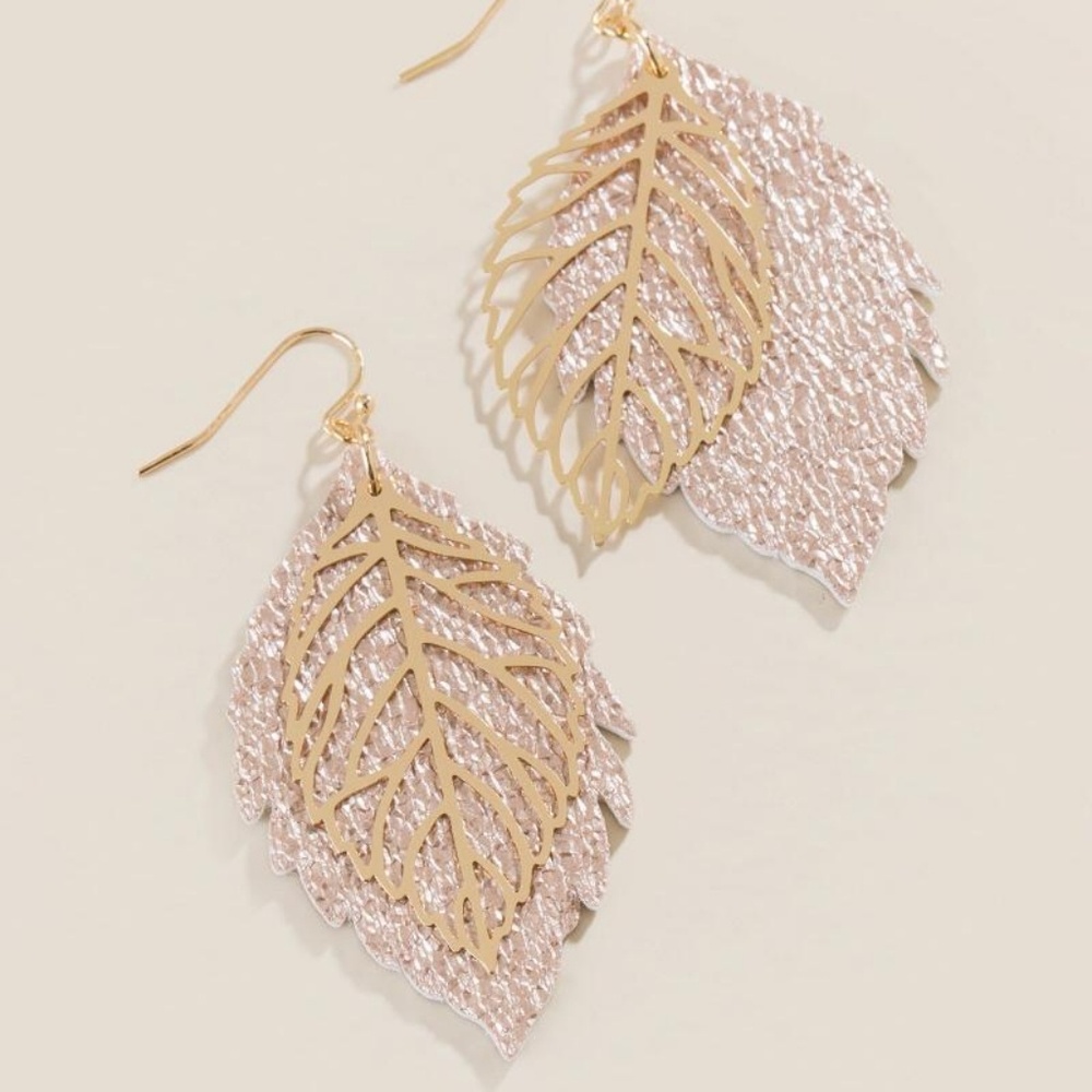 COPY - Rose Gold Leather Leaf Earrings
